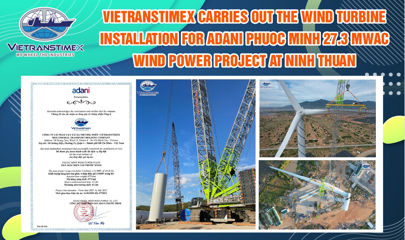 Vietranstimex Hoàn Thành Lắp Đặt Thành Công Trụ Điện Gió Tại Nhà Máy Điện Gió Adani Phước Minh, Thuận Nam, Ninh Thuận