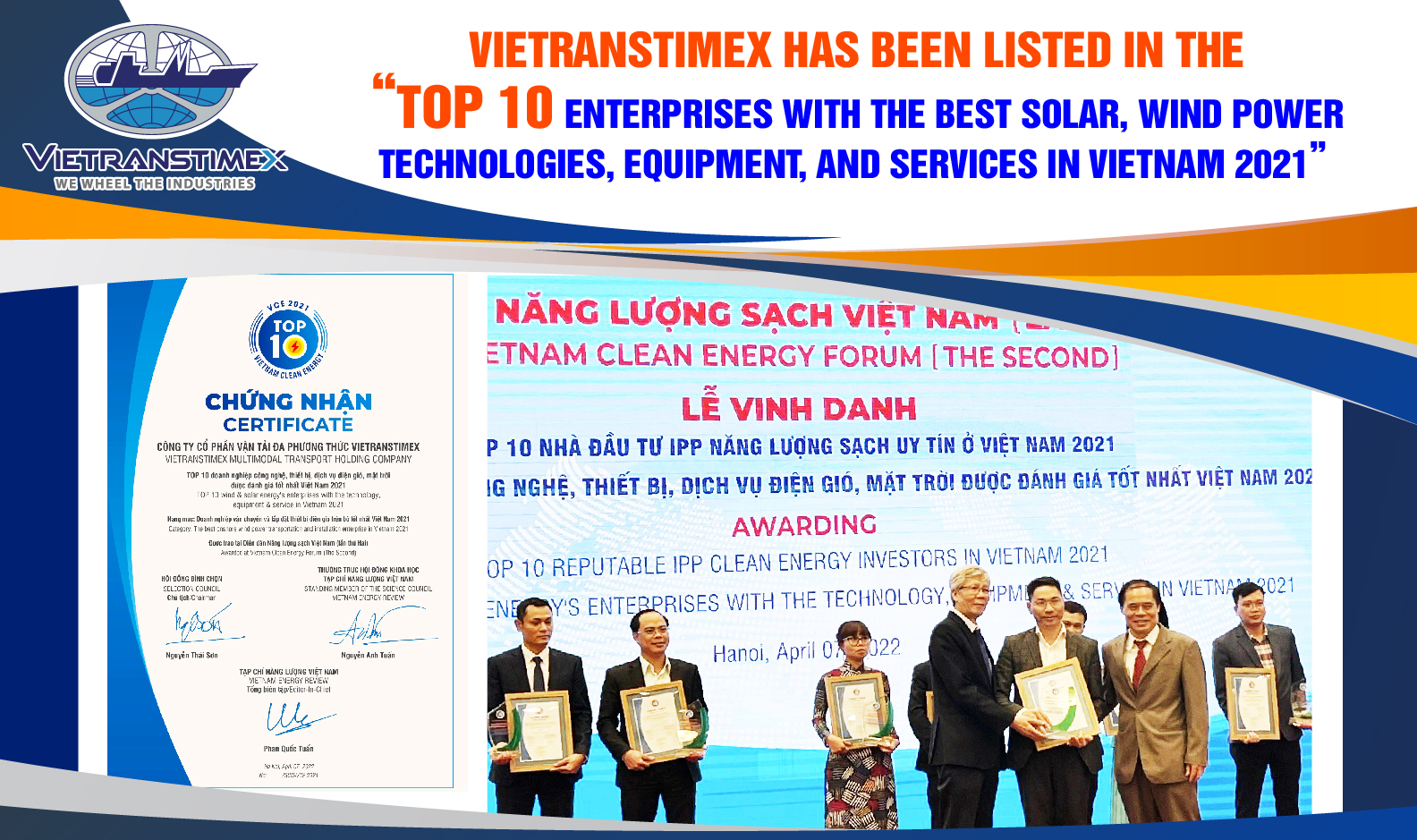 Vietranstimex Được Vinh Danh “TOP 10 Doanh Nghiệp Công Nghệ, Thiết Bị, Dịch Vụ Điện Gió, Mặt Trời Được Đánh Giá Tốt Nhất Việt Nam 2021”